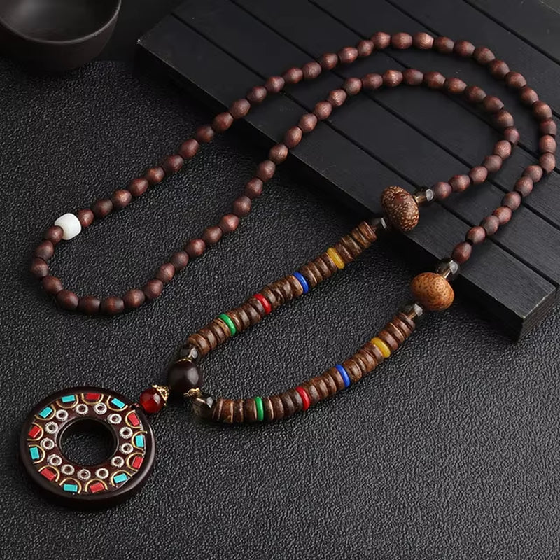 Vintage Handmade Necklace Nepal Buddhist Mala Wood Beads Pendant & Necklace Ethnic Fish Horn Long Statement Men Women'S Jewelry