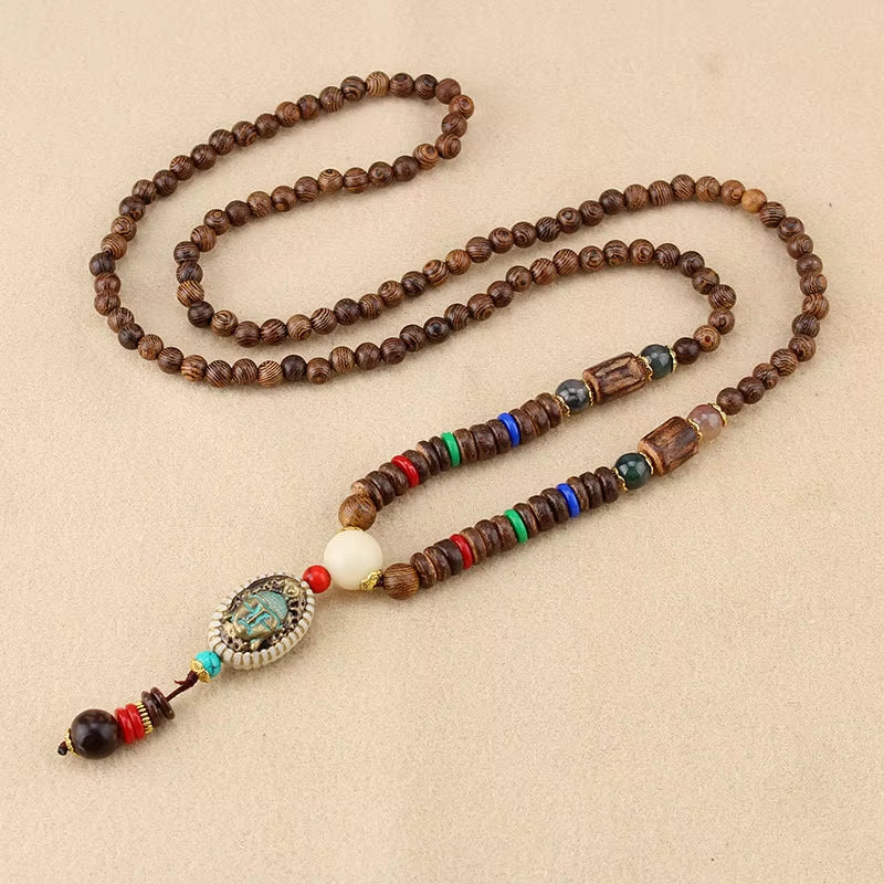 Vintage Handmade Necklace Nepal Buddhist Mala Wood Beads Pendant & Necklace Ethnic Fish Horn Long Statement Men Women'S Jewelry