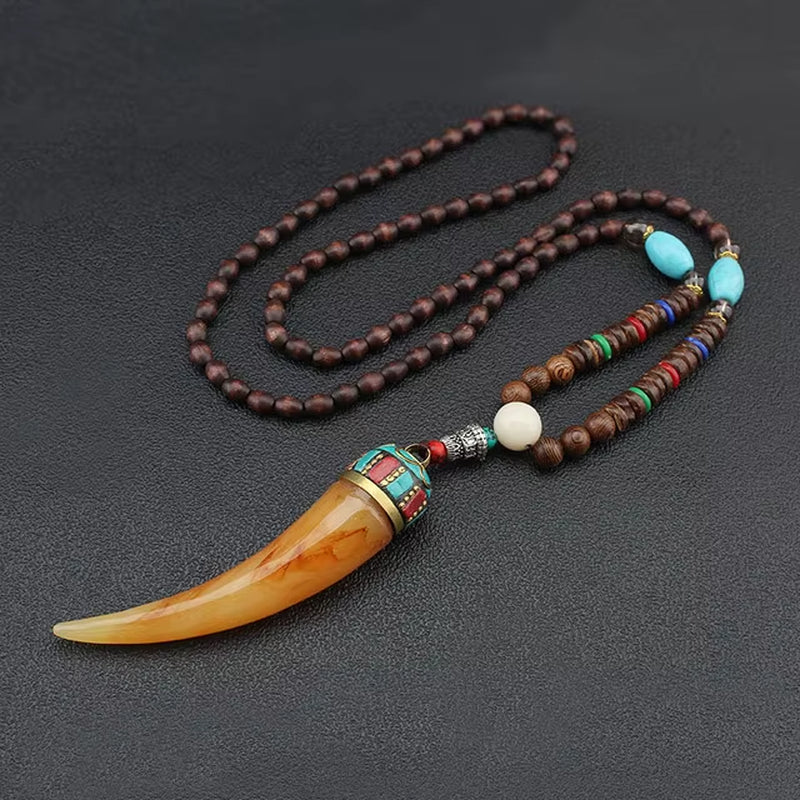 Vintage Handmade Necklace Nepal Buddhist Mala Wood Beads Pendant & Necklace Ethnic Fish Horn Long Statement Men Women'S Jewelry