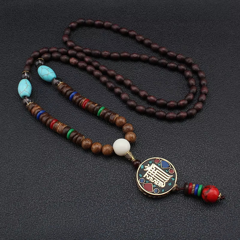 Vintage Handmade Necklace Nepal Buddhist Mala Wood Beads Pendant & Necklace Ethnic Fish Horn Long Statement Men Women'S Jewelry