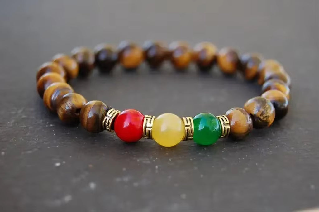 Tiger Eye Rasta Bracelet, Gem 8Mm Beads, Red and Green Topaz, Reggae Bracelet, Good Luck, Men, Women, Tiger Eye Bracelet