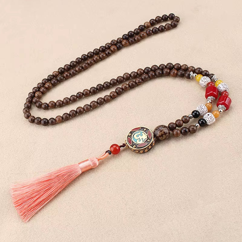 Vintage Handmade Necklace Nepal Buddhist Mala Wood Beads Pendant & Necklace Ethnic Fish Horn Long Statement Men Women'S Jewelry