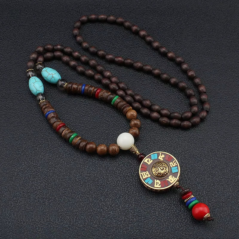 Vintage Handmade Necklace Nepal Buddhist Mala Wood Beads Pendant & Necklace Ethnic Fish Horn Long Statement Men Women'S Jewelry
