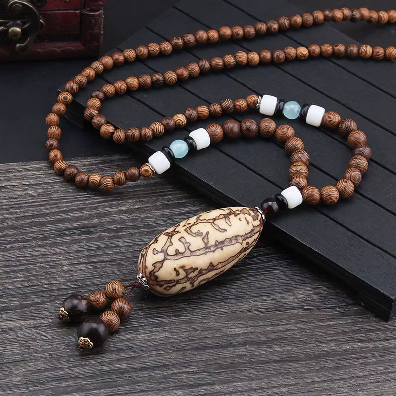 Vintage Handmade Necklace Nepal Buddhist Mala Wood Beads Pendant & Necklace Ethnic Fish Horn Long Statement Men Women'S Jewelry