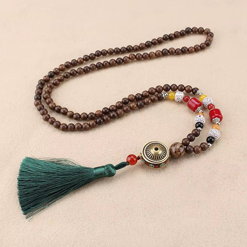Vintage Handmade Necklace Nepal Buddhist Mala Wood Beads Pendant & Necklace Ethnic Fish Horn Long Statement Men Women'S Jewelry