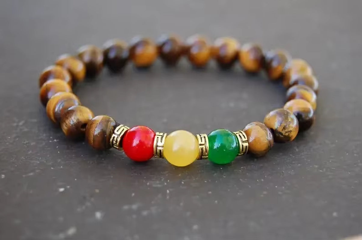 Tiger Eye Rasta Bracelet, Gem 8Mm Beads, Red and Green Topaz, Reggae Bracelet, Good Luck, Men, Women, Tiger Eye Bracelet