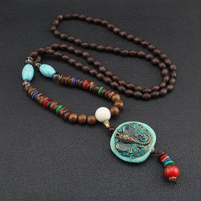 Vintage Handmade Necklace Nepal Buddhist Mala Wood Beads Pendant & Necklace Ethnic Fish Horn Long Statement Men Women'S Jewelry
