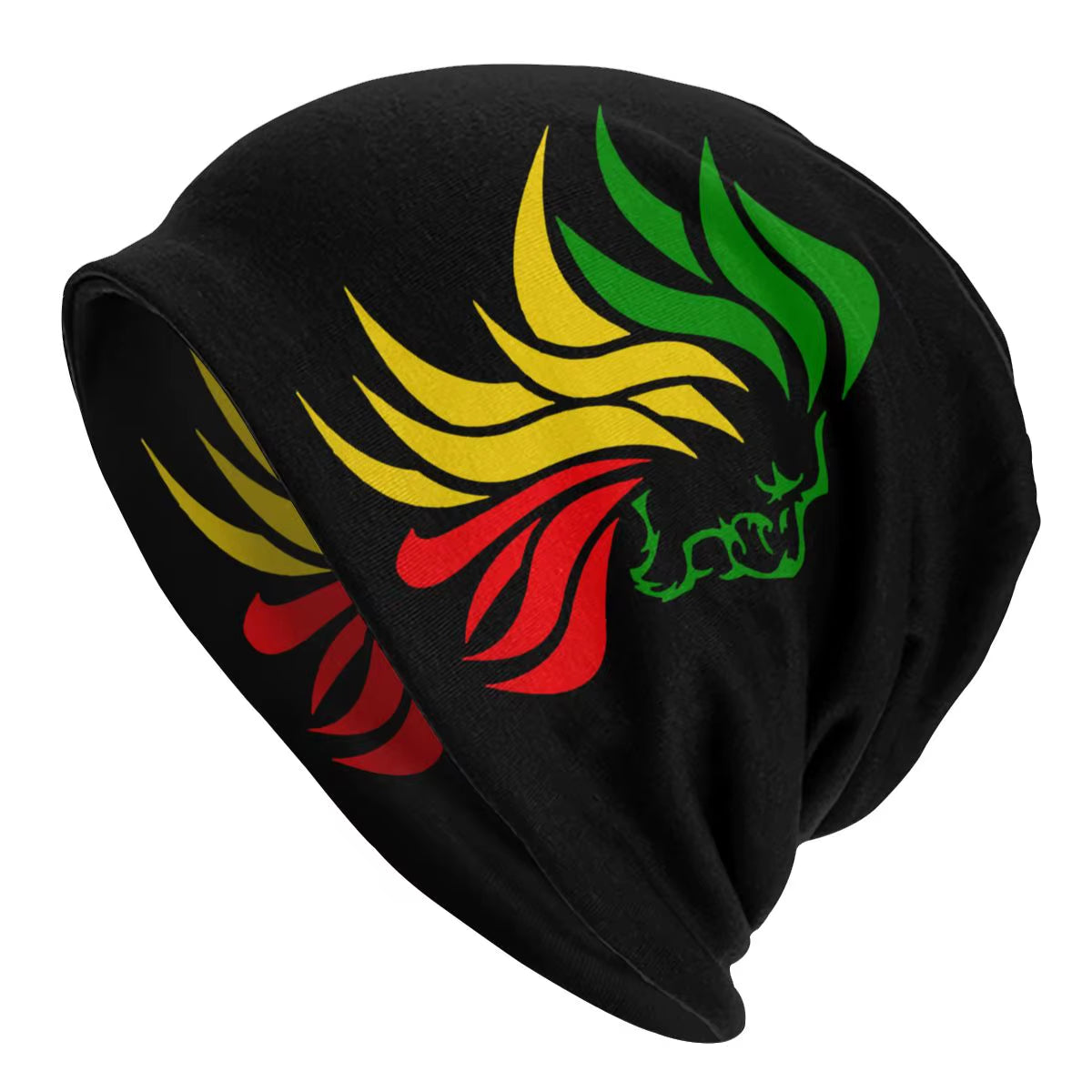 Black beanie with a colorful dragon design on a white background