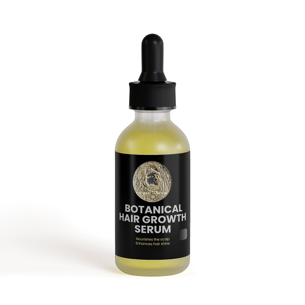 Botanical hair growth serum bottle with dropper on a white background