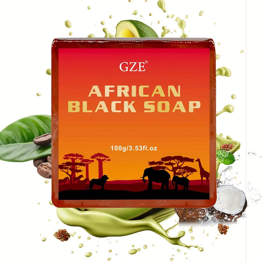  GZE African Black Soap packaging withnatural elements on a white background