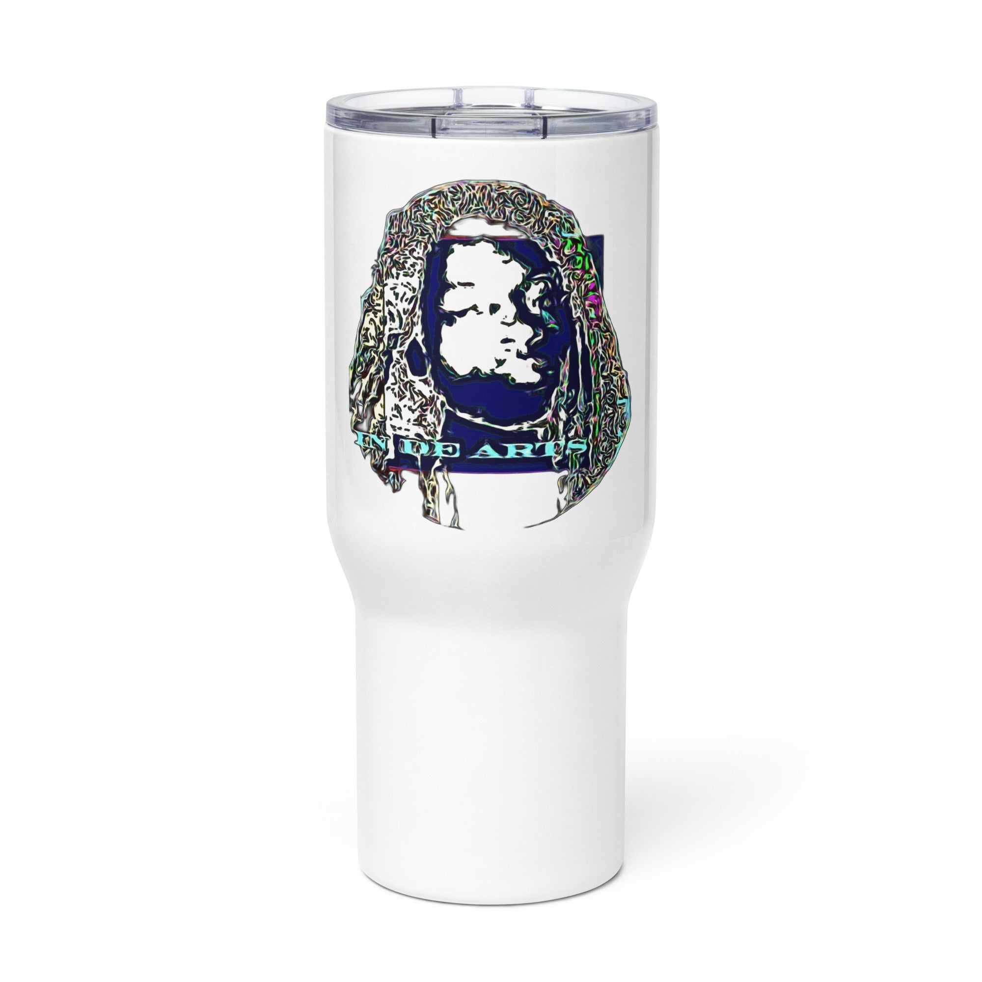 White tumbler with a decorative portrait on a white background