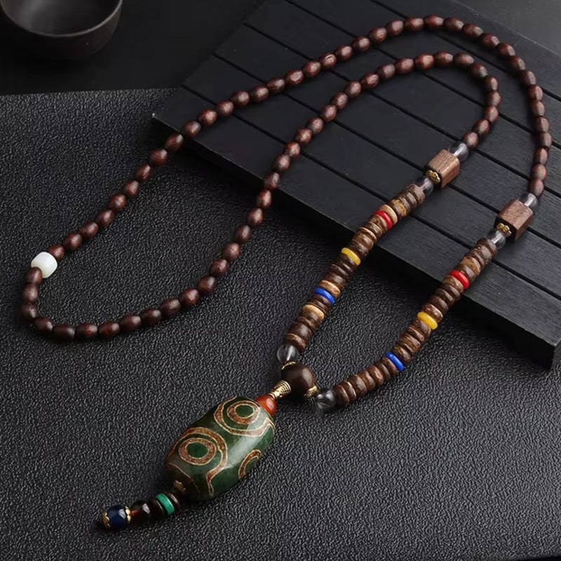 Vintage Handmade Necklace Nepal Buddhist Mala Wood Beads Pendant & Necklace Ethnic Fish Horn Long Statement Men Women'S Jewelry
