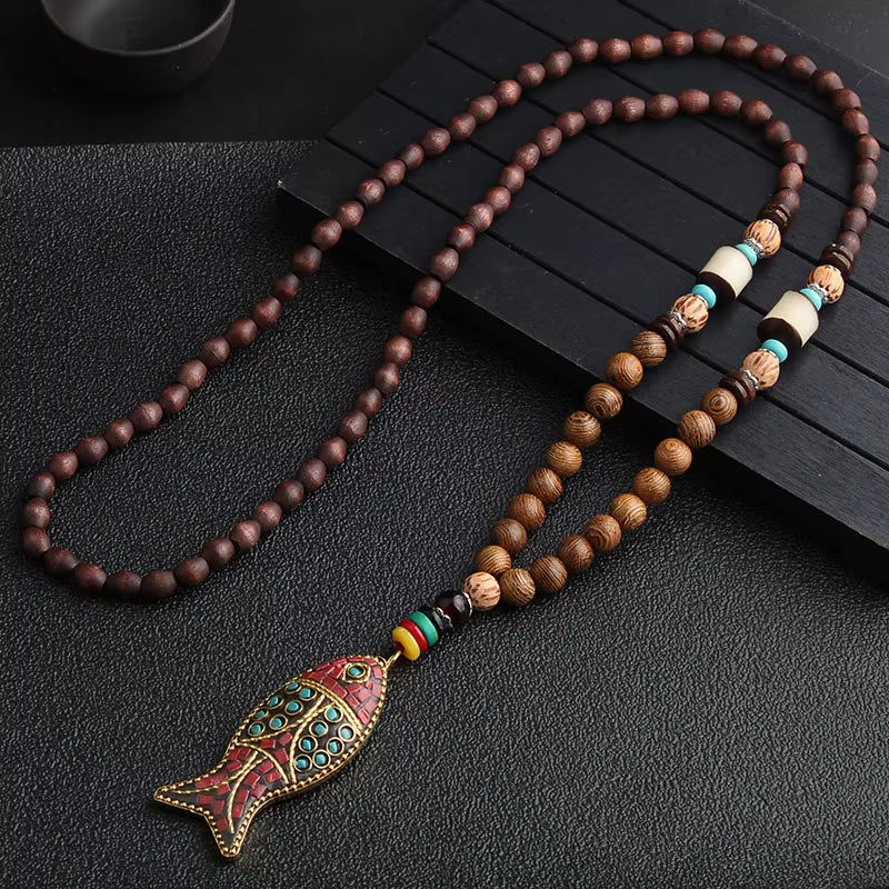 14 New Ethnic Handmade Nepal Necklace Buddhist Mala Wood Beads Pendant & Necklace Ethnic Horn Fish Long Jewelry for Women Men