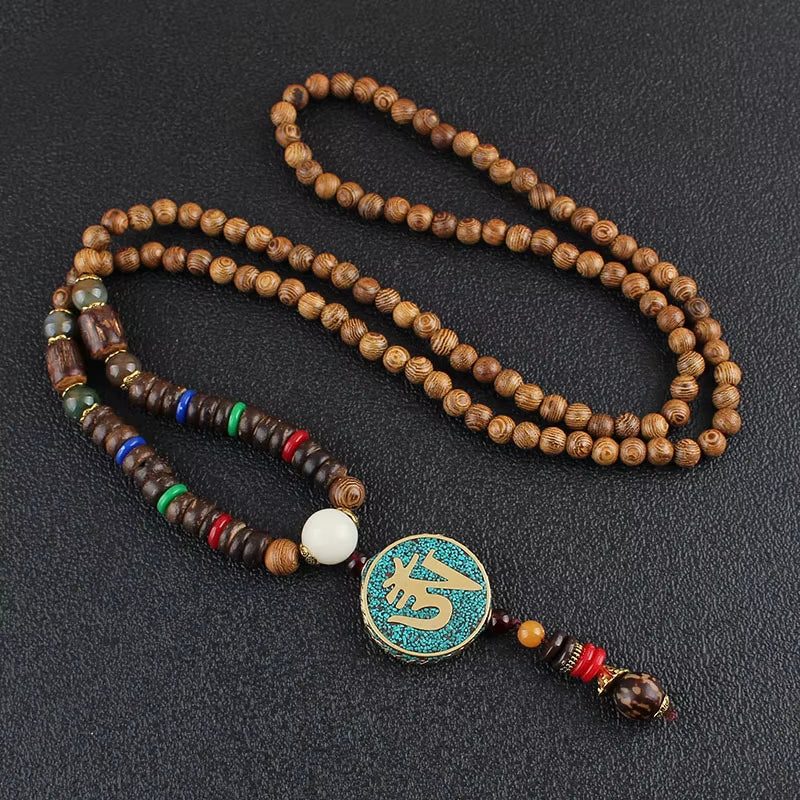 Vintage Handmade Necklace Nepal Buddhist Mala Wood Beads Pendant & Necklace Ethnic Fish Horn Long Statement Men Women'S Jewelry