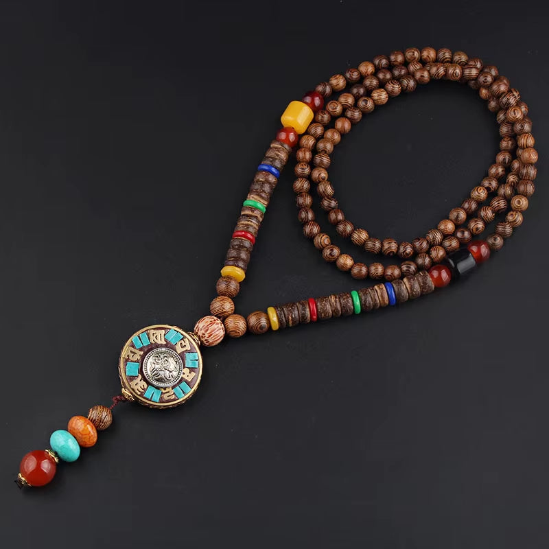 Vintage Handmade Necklace Nepal Buddhist Mala Wood Beads Pendant & Necklace Ethnic Fish Horn Long Statement Men Women'S Jewelry