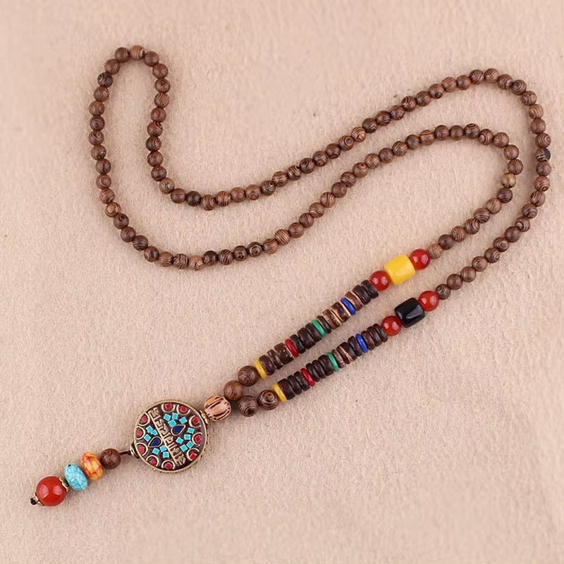 Vintage Handmade Necklace Nepal Buddhist Mala Wood Beads Pendant & Necklace Ethnic Fish Horn Long Statement Men Women'S Jewelry