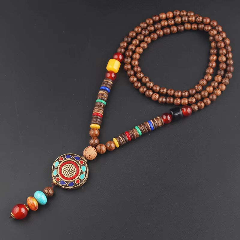 Vintage Handmade Necklace Nepal Buddhist Mala Wood Beads Pendant & Necklace Ethnic Fish Horn Long Statement Men Women'S Jewelry